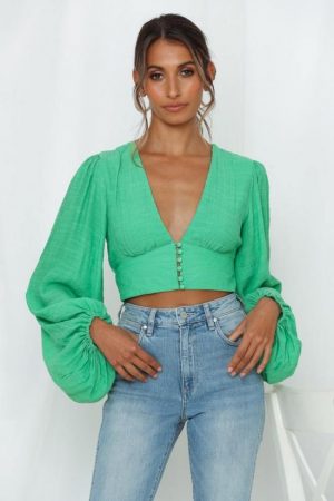 Hello Molly Womens Long Sleeved Tops | Agyness Top Green