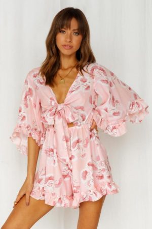 Hello Molly Womens Printed Playsuits | Bloomed Flower Playsuit Pink