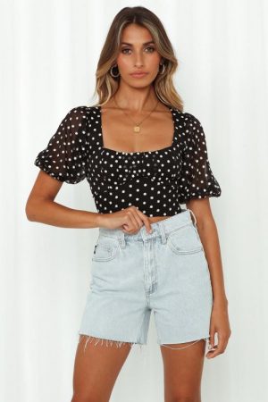 Hello Molly Womens Short Sleeved Tops | In A Field Crop Top Black