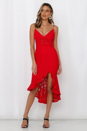 Hello Molly Womens Lace Dresses | Back In The Habit Midi Dress Red